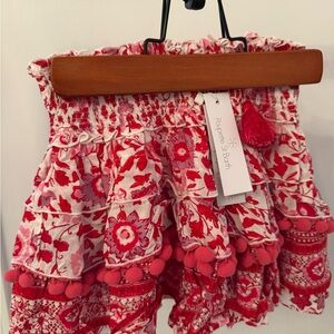NWT Poupette St. Barth Kids Red and White Ruffled Floral MiniSkirt with Pom Poms